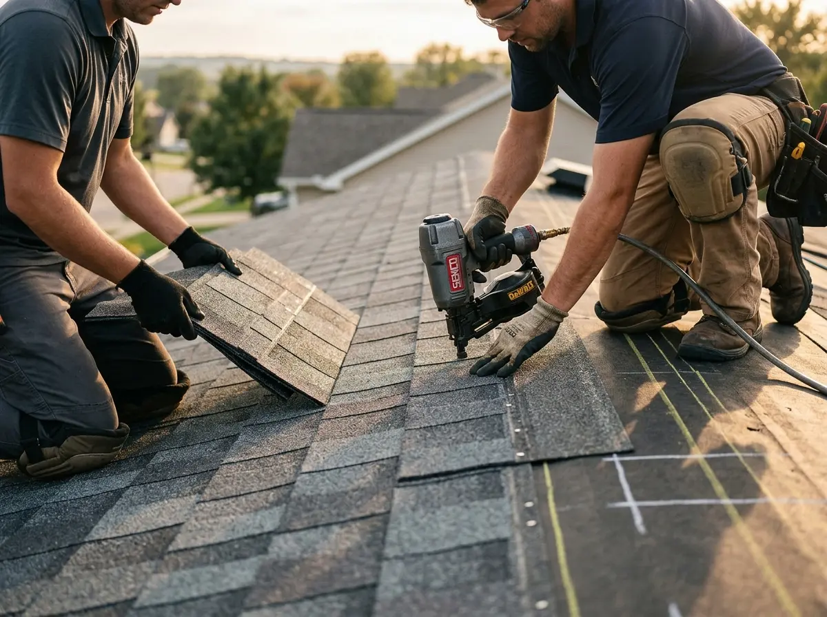 Professional roofer working on a residential roof in McCook